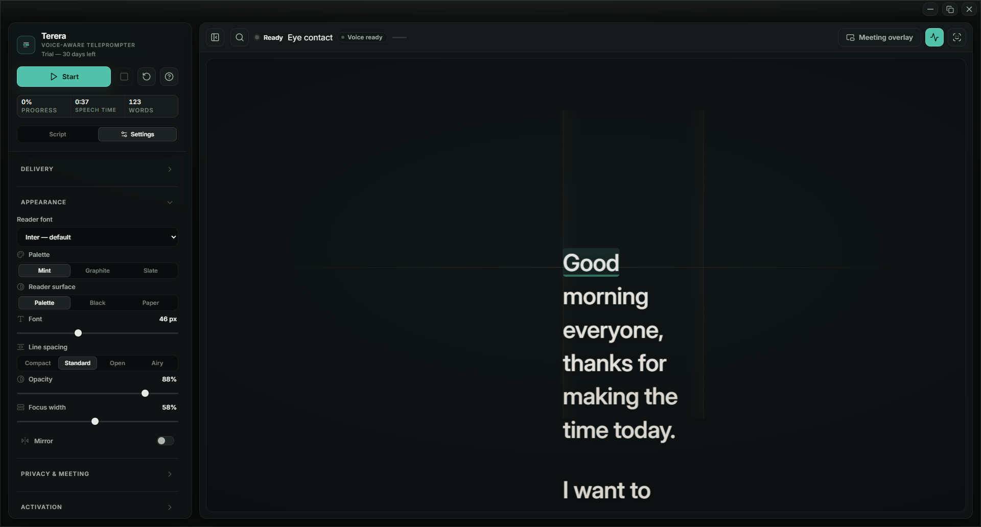 Appearance settings: reader font, palette, surface, text size and line spacing