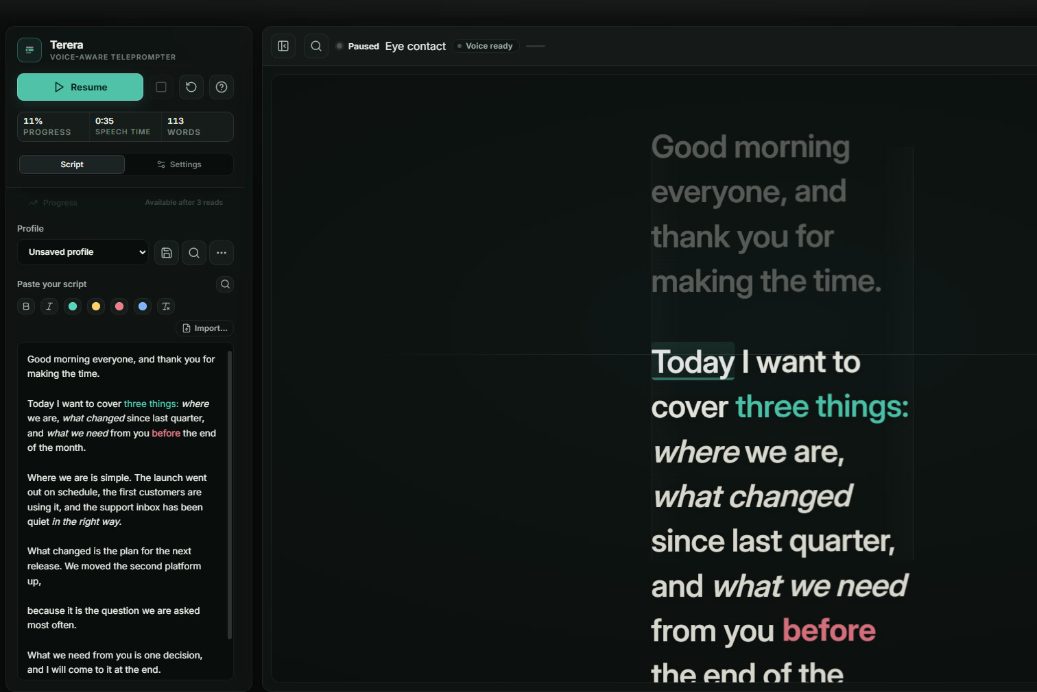 The script editor toolbar: bold, italics, four colours and clear, above a script with three things in mint, before in rose, and three phrases in italics.