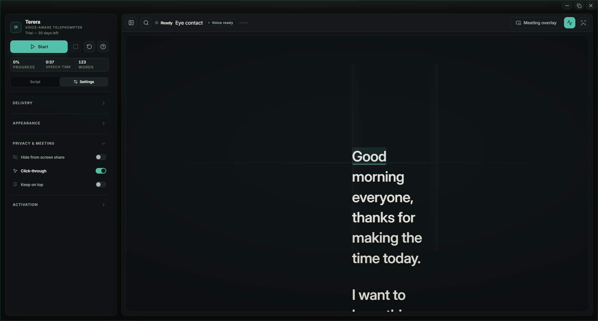 Privacy and meeting settings: hide from screen share, click-through, keep on top