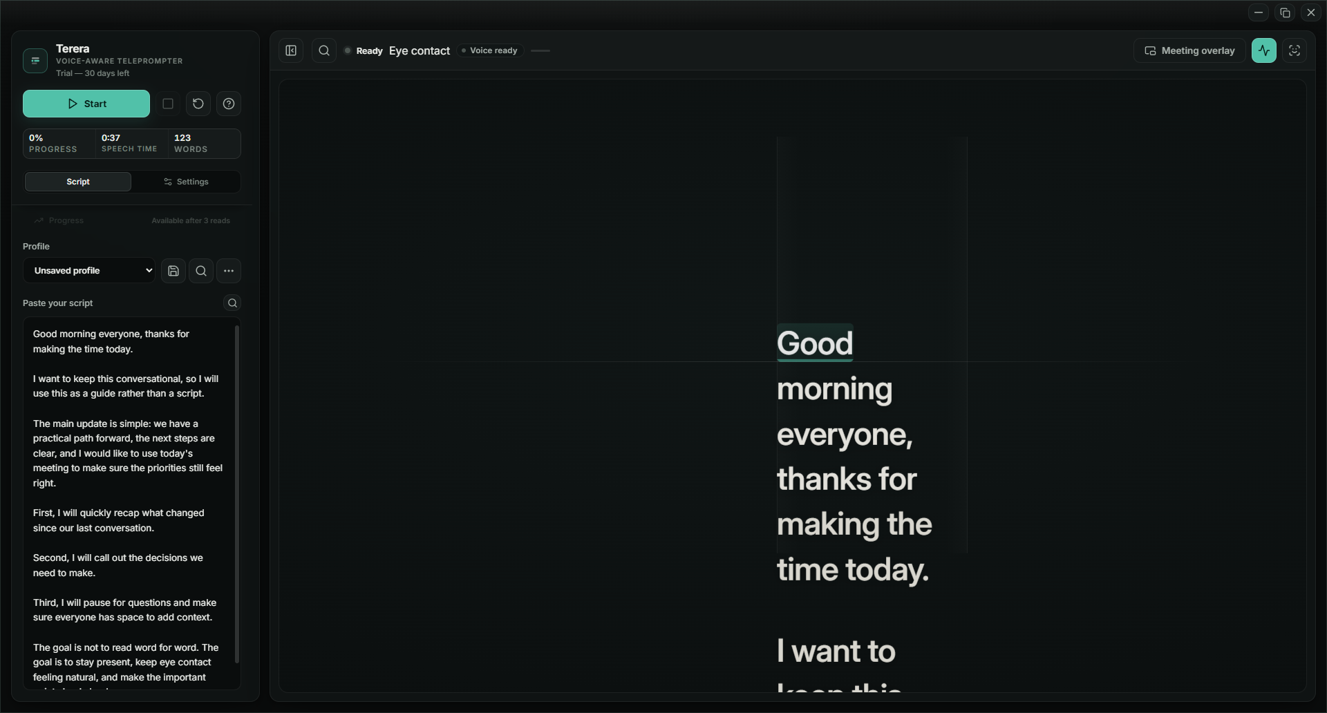 The Terera editor: script pasted on the left, the reader on the right, one Start button