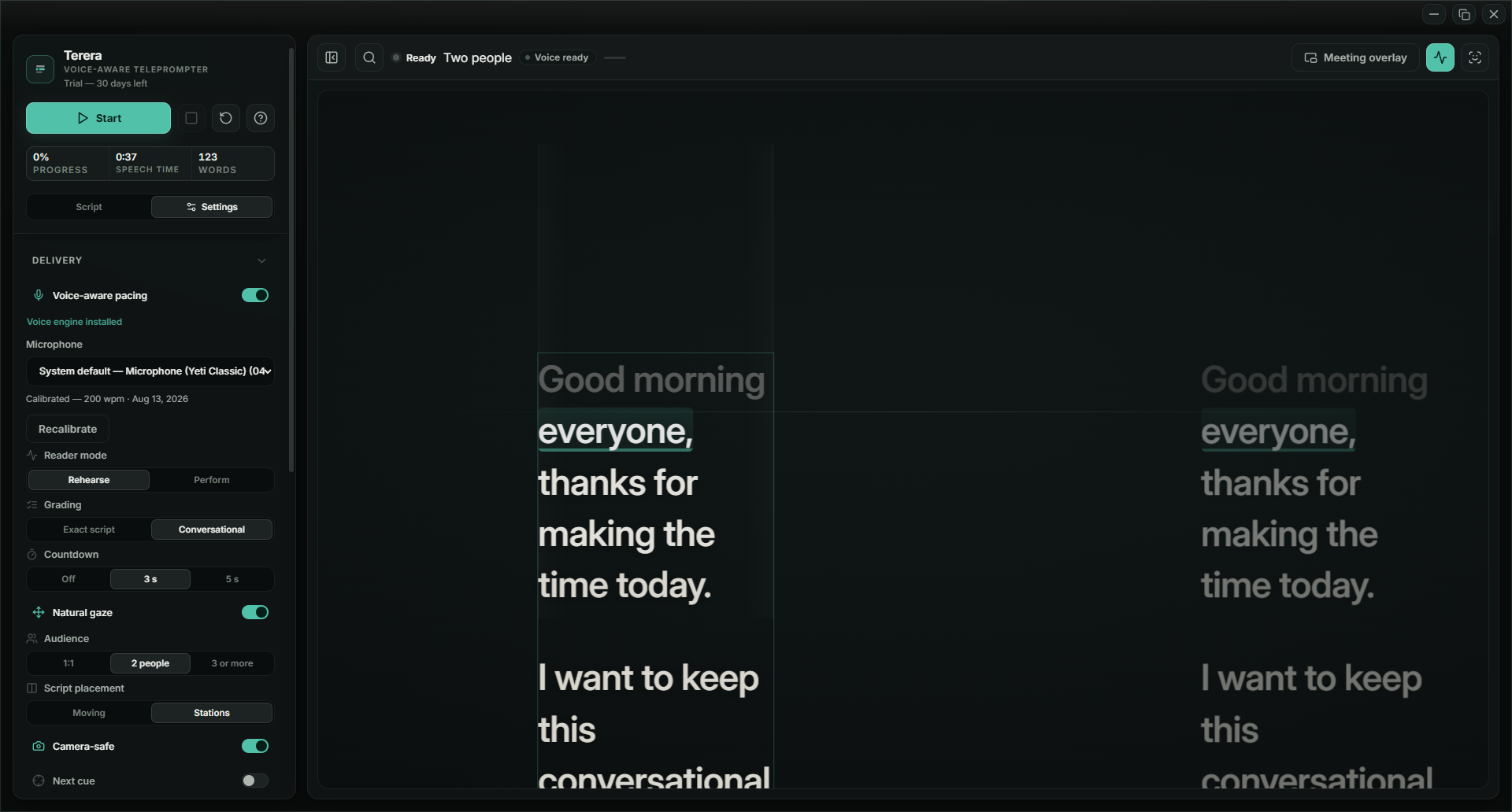 Delivery settings beside the live reader: microphone, audience size, and the Moving-or-Stations script placement switch