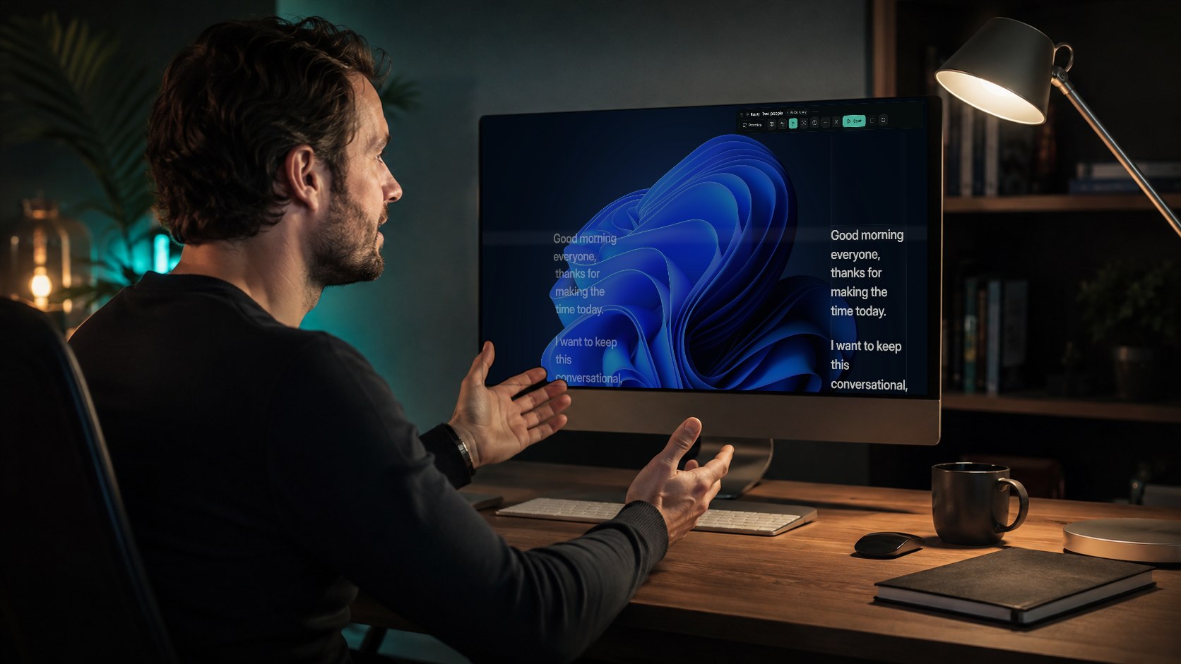 A man on a video call at his desk. On his monitor, the Terera script sits in two fixed columns beside the call window — the active column is ringed