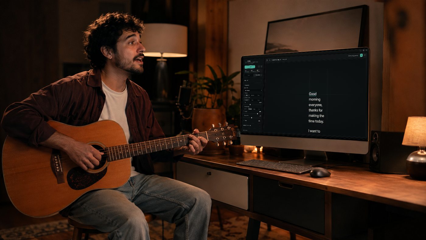 A musician with a guitar at a desk, the Terera reader open on the monitor beside them