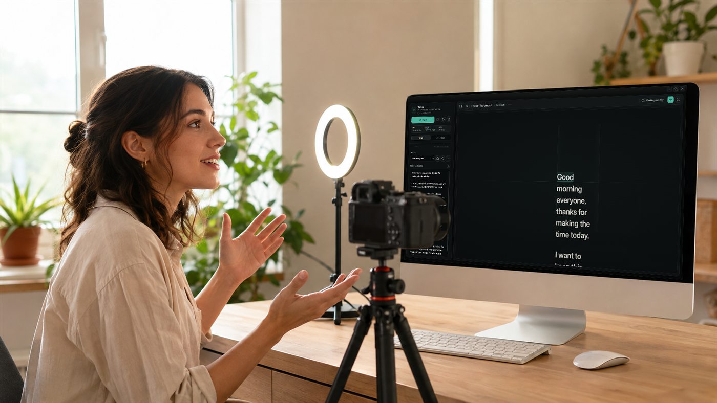 A creator's recording setup with a camera and key light; the Terera script view is open on the monitor