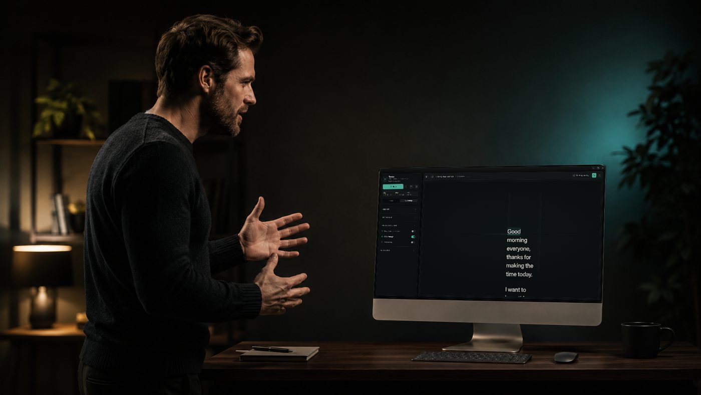 A man rehearsing a talk out loud at his desk, the Terera app open on the monitor with the script mid-read